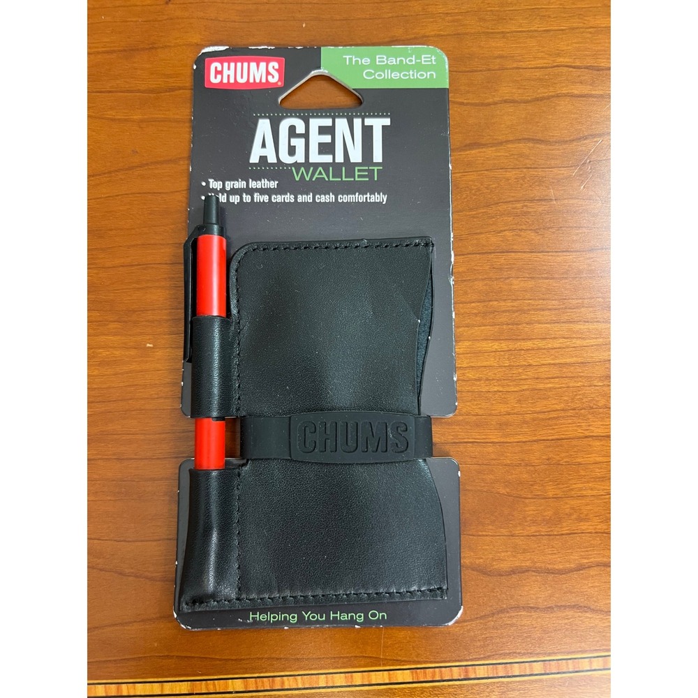 Chums Agent Wallet Black Top Grain Leather Minimalist Card Holder with Pen NEW